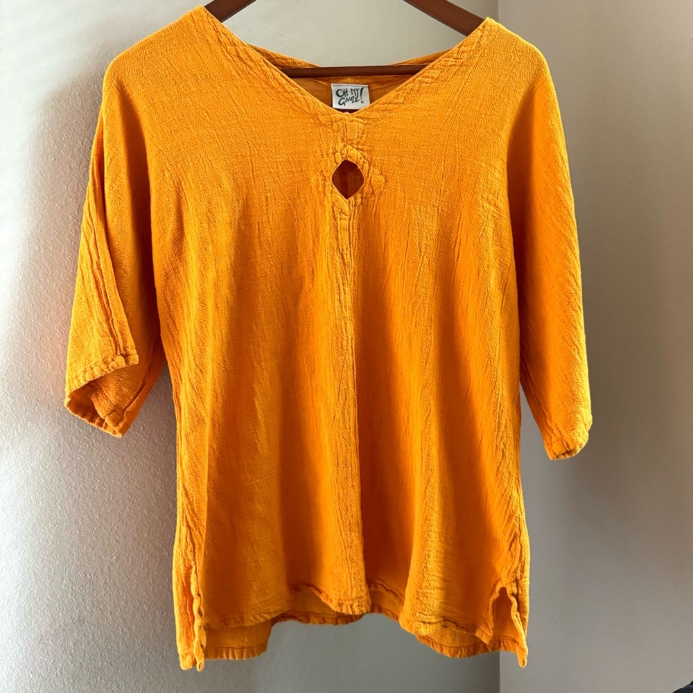 Oh My Gauze! 100% Cotton Orange Tunic Blouse w Cutout Keyhole Detail Size M
